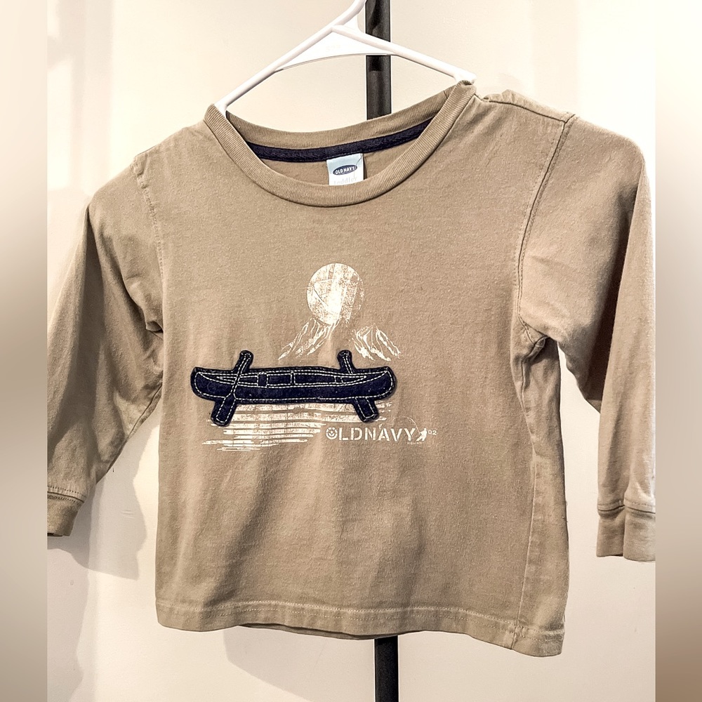 Boys 3t tan long sleeve with embroidered canoe shirt. Good condition.